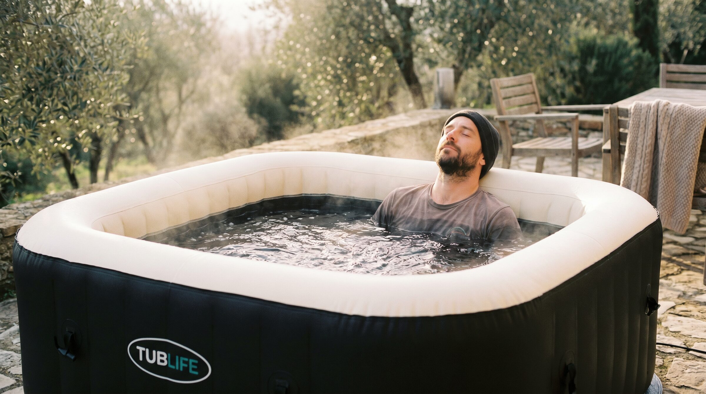 Man relaxing in a steaming TUBLIFE Smart Hot Tub at golden hour