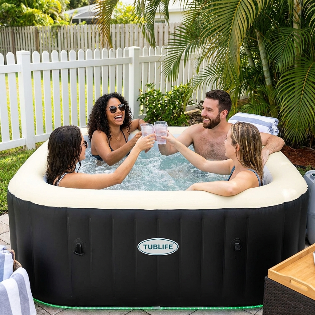 Friends enjoying the TUBLIFE Smart Hot Tub on a sunny afternoon