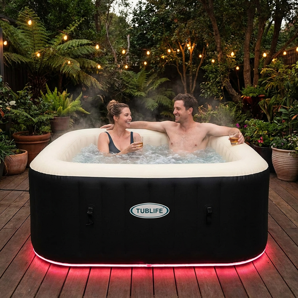Couple relaxing in the TUBLIFE spa with rose-red glow at night