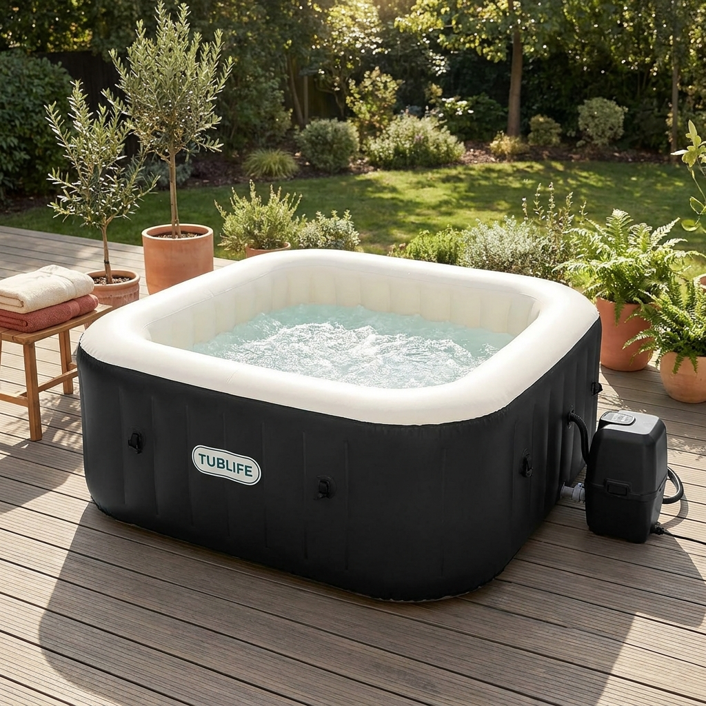 TUBLIFE Smart Hot Tub set up on a wooden backyard deck
