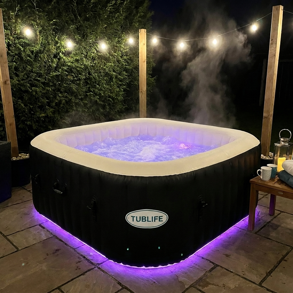TUBLIFE Smart Hot Tub with violet glow ring under string lights at night